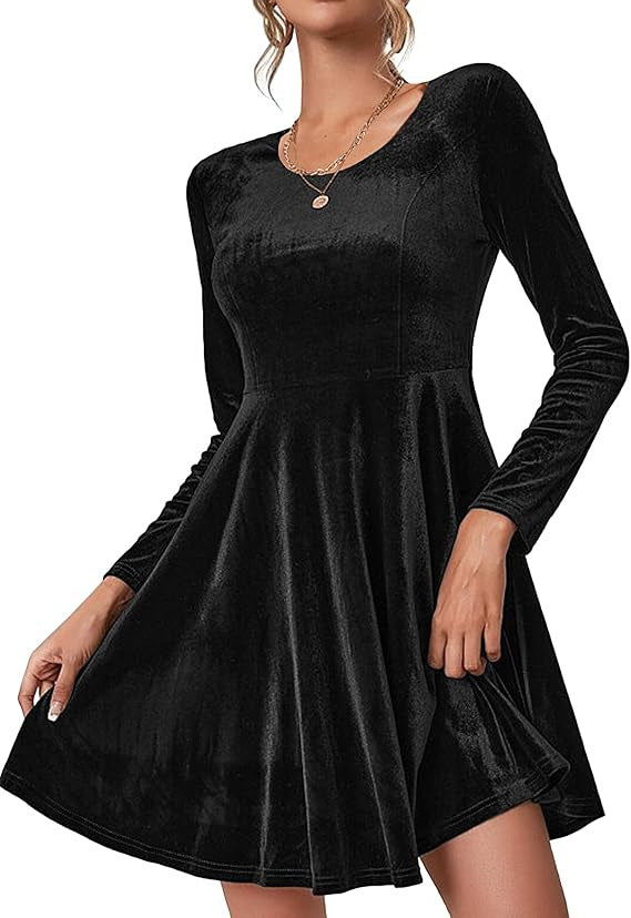 Damen A-Linien Kleid aus samtiger Qualität mit langen Ärmeln und Rundhalsausschnitt EB
