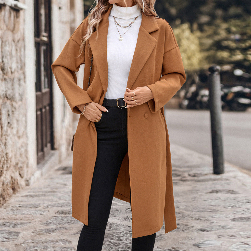 Damen Eleganter Trenchcoat mit Gürtel und doppelt geknöpftem Design EB