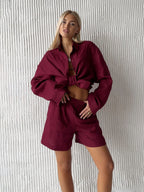 Damen lässiges Leinen Set mit lockerer Bluse und Shorts EB