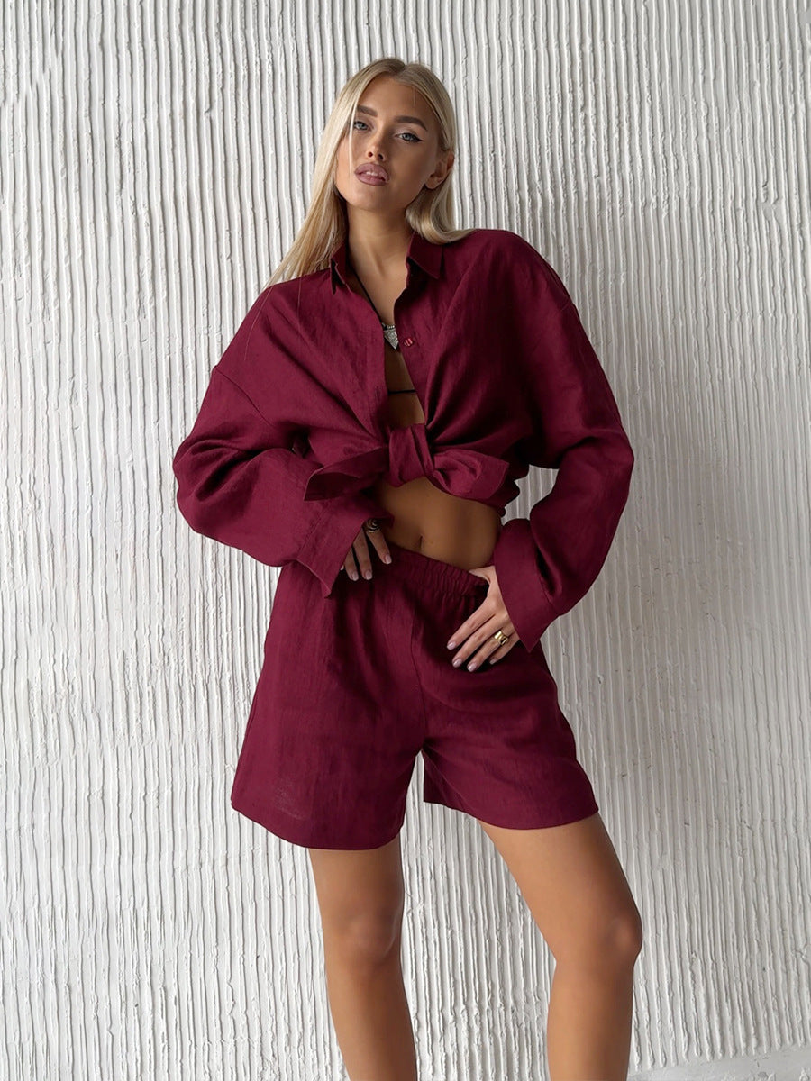 Damen lässiges Leinen Set mit lockerer Bluse und Shorts EB