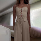 Damen Eleganter Jumpsuit mit Schnürung und weitem Bein EB
