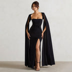 Damen Elegantes Maxikleid mit abnehmbarem Cape und seitlichem Schlitz EB