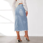 Damen Denim-Midi-Rock mit hohem Schlitz und ausgefranstem Saum EB