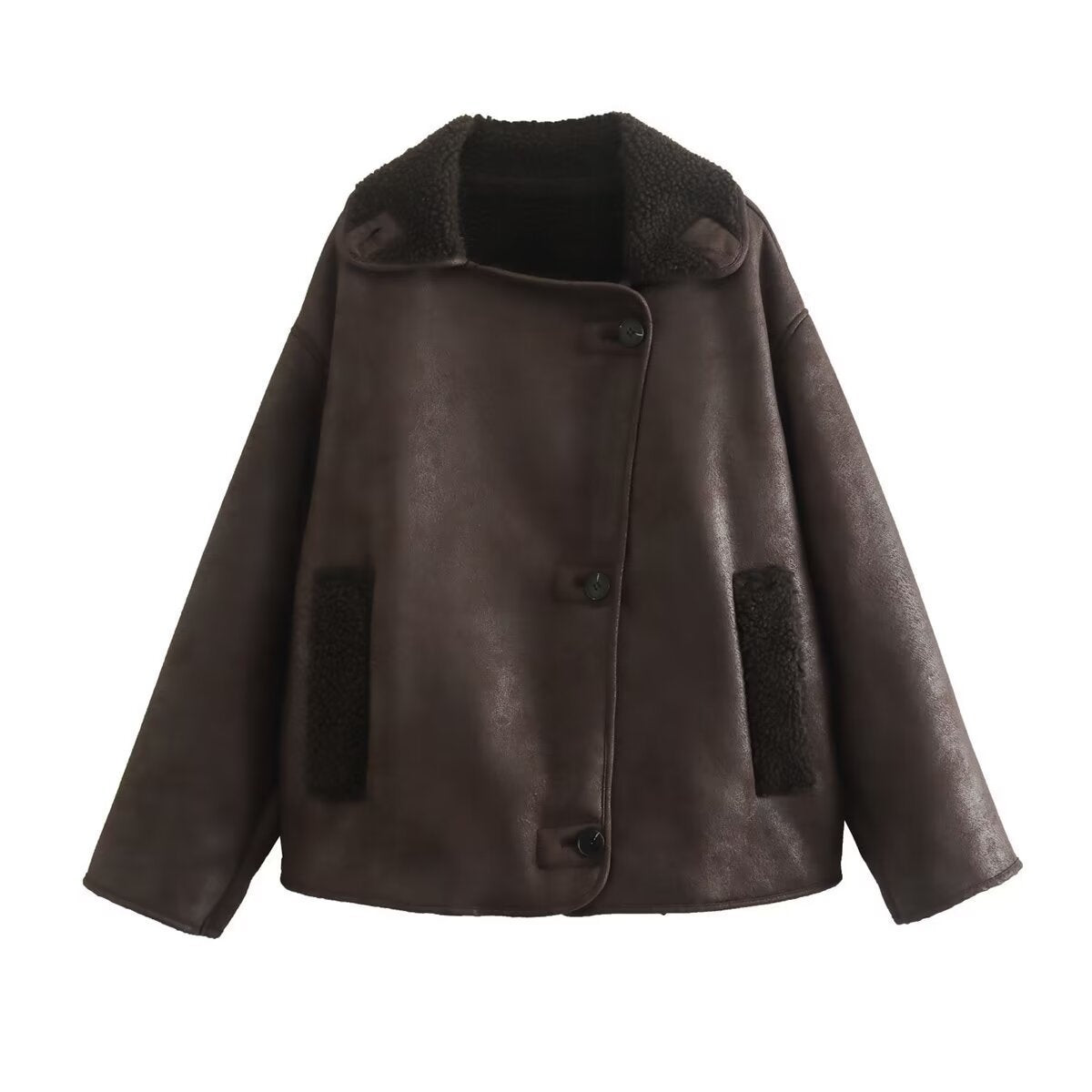 Damen Kunstpelzjacke mit stilvollem Kragen und praktischen Taschen EB