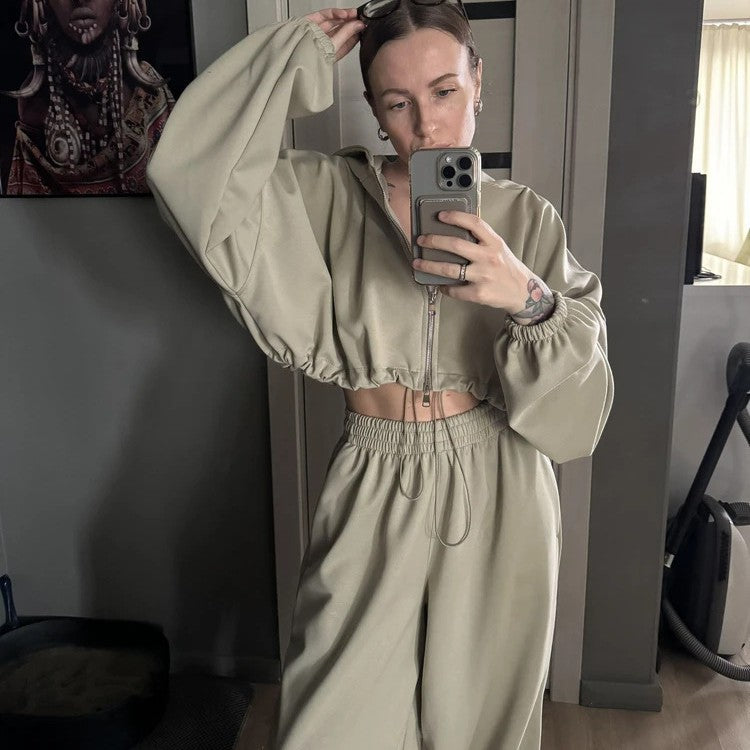 Damen nan kurzes Reißverschluss-Cropped-Hoodie und weitgeschnittene Highwaist-Loungehose Set EB