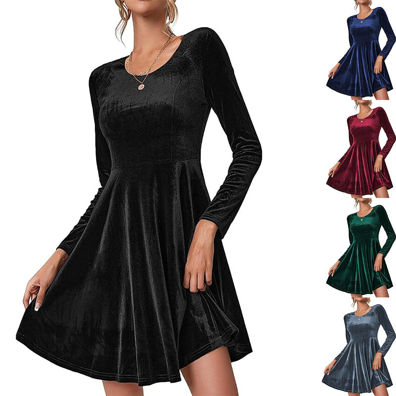 Damen A-Linien Kleid aus samtiger Qualität mit langen Ärmeln und Rundhalsausschnitt EB