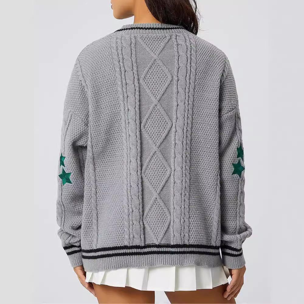 Damen Grobstrick-Cardigan mit dekorativen Sternen und kontrastierendem Bund EB