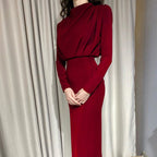 Damen Abendkleid mit elegantem hohen Kragen und drapierten Ärmeln EB