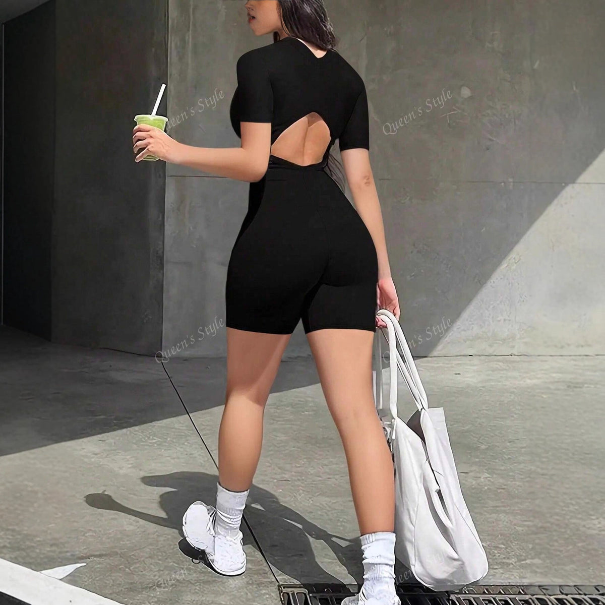 Damen Bodycon Jumpsuit mit kurzem Arm und Reißverschluss EB