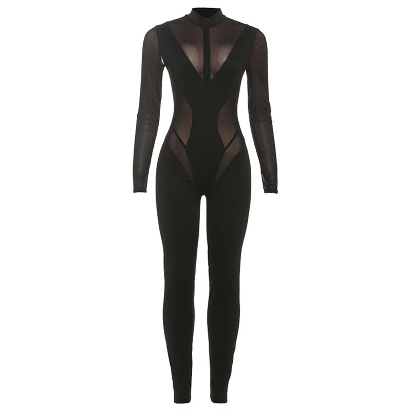 Damen Eleganter Catsuit mit transparenten Einsätzen und hohem Kragen EB