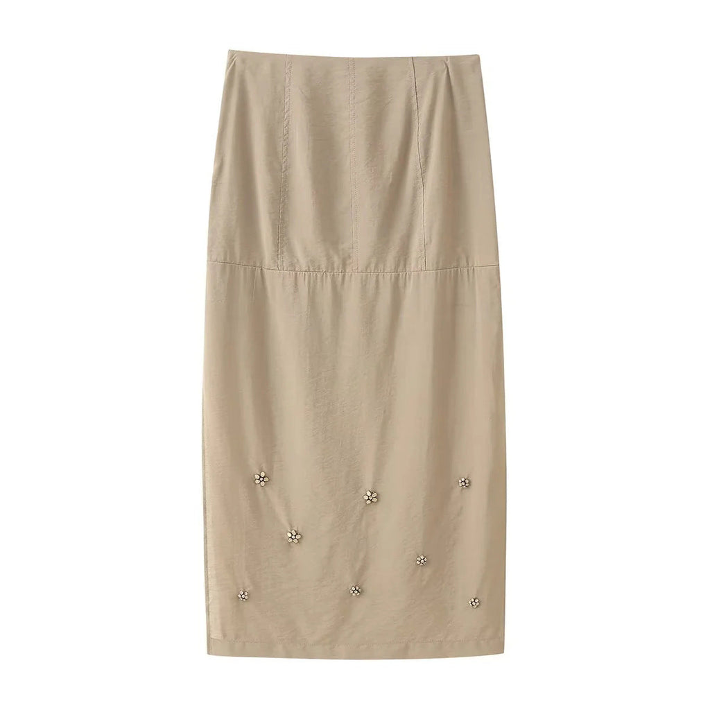 Damen eleganter Midirock mit floralen Applikationen EB