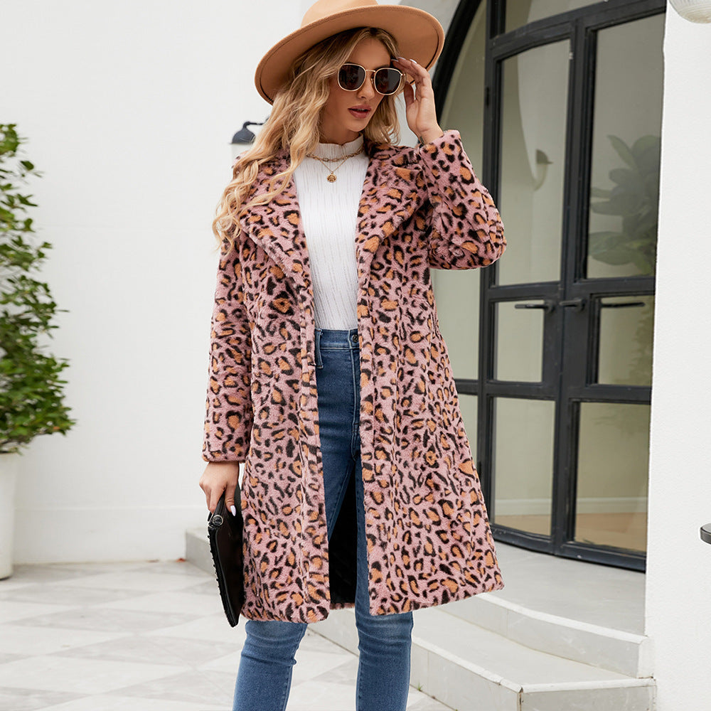 Damen Flauschiger Leoparden-Mantel mit elegantem Revers EB