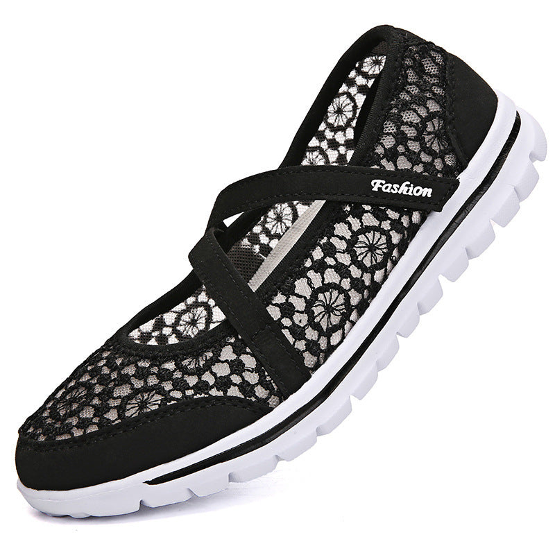 Damen Bequeme Ballerinas mit elastischen Riemen und atmungsaktiver Spitze EB
