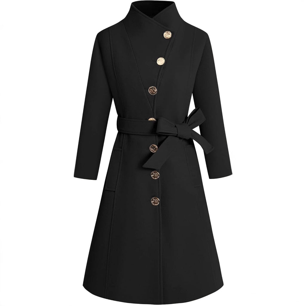 Damen eleganter Wrap-Mantel mit ausgefallenem Kragen und Gürtel EB