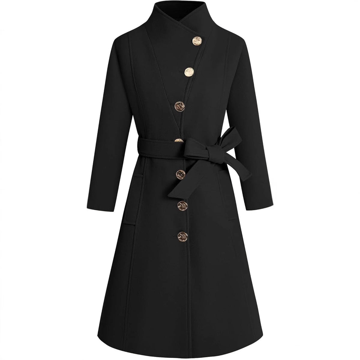 Damen eleganter Wrap-Mantel mit ausgefallenem Kragen und Gürtel EB