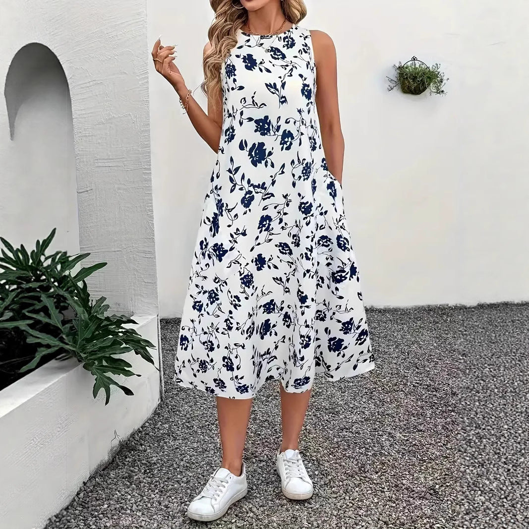Damen Ärmelloses Maxikleid mit floralem Muster und praktischen Taschen EB