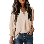 Damen V-Ausschnitt Bluse mit lässigen Ballonärmeln und Rüschendetails EB