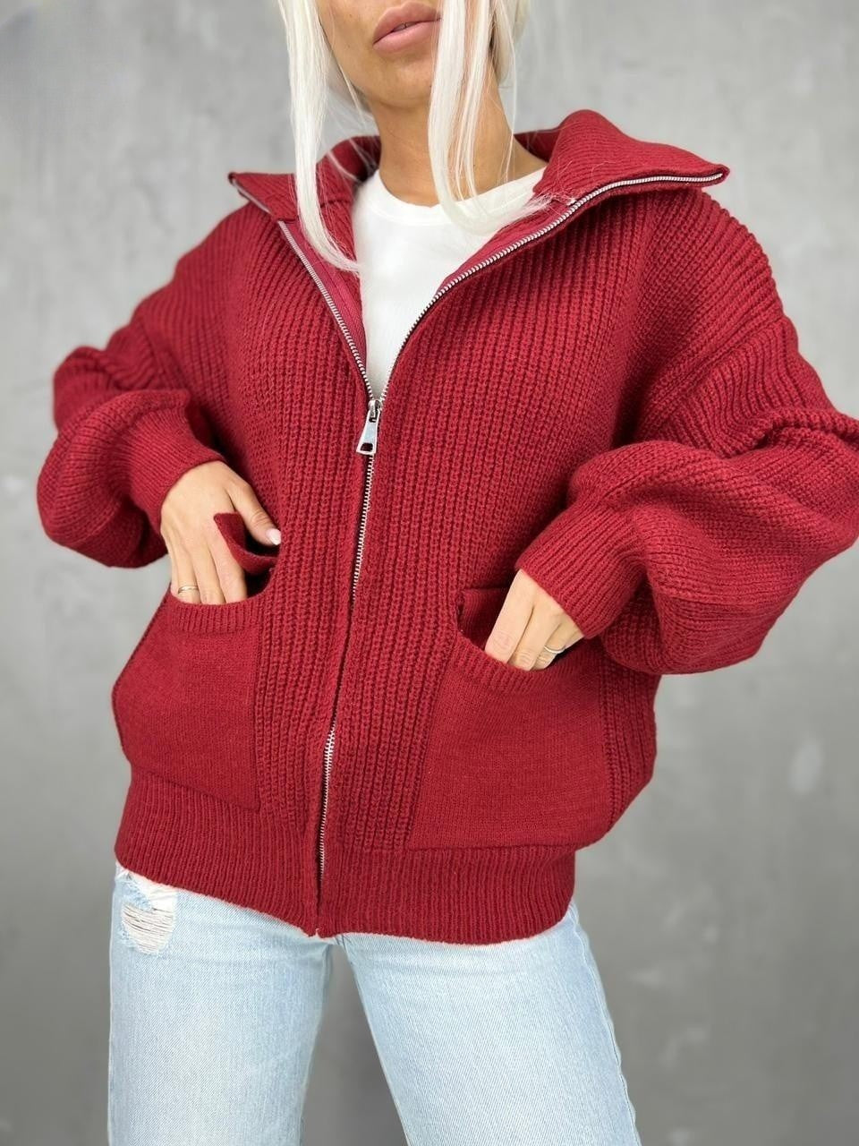 Damen Übergangsstrickjacke mit breitem Reißverschluss und praktischen Taschen EB