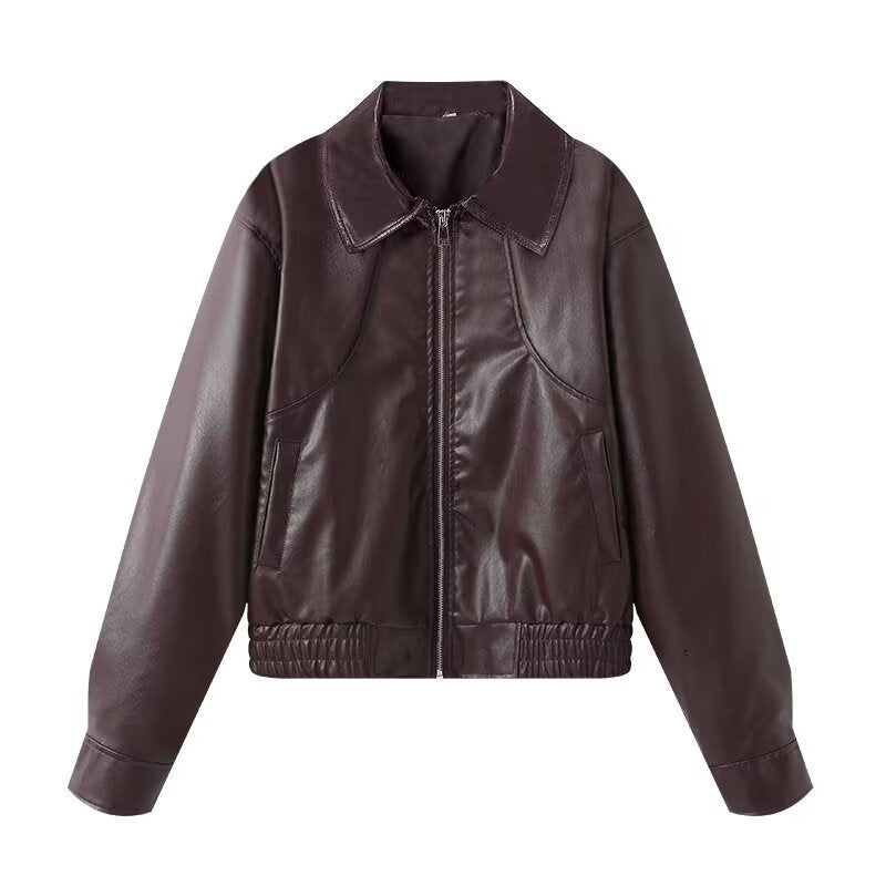 Damen Kunstleder Bikerjacke mit elastischem Bund und schlichten Taschen EB