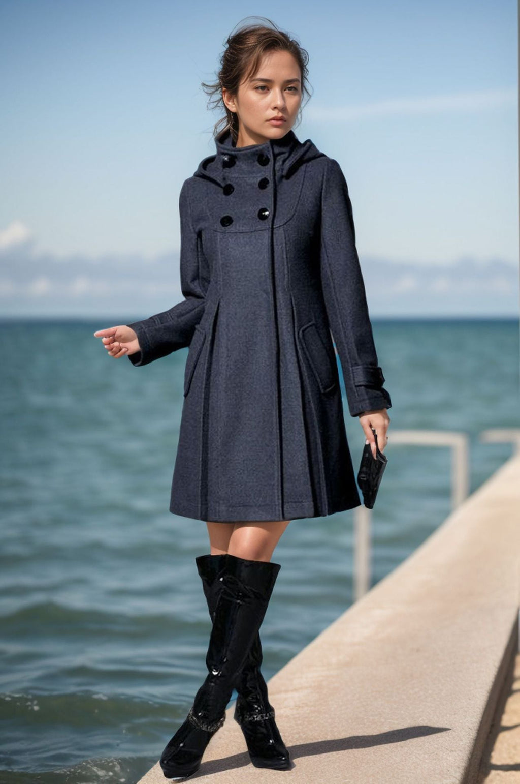 Damen eleganter Wollmantel mit modernem Kragen und praktischen Taschen EB