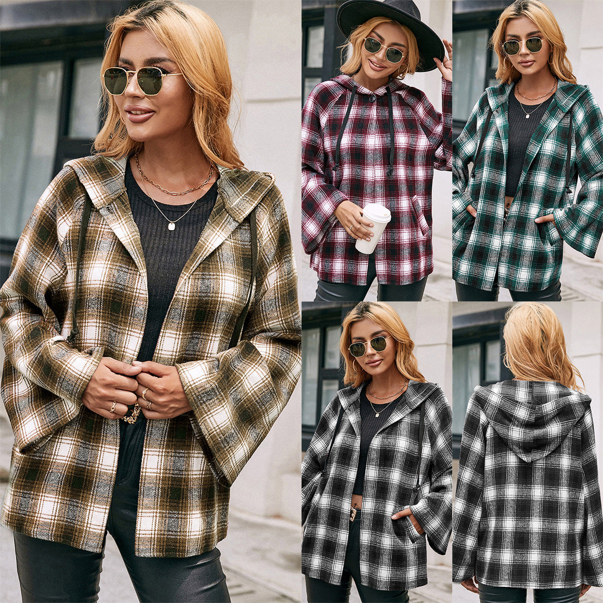 Damen Karo Overshirtjacke im lässigen Stil mit Kapuze und weiten Ärmeln EB