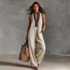 Damen luftiger Jumpsuit mit elegantem V-Ausschnitt und besticktem Kragen EB