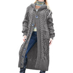Damen Langer Strickmantel mit Kapuze und klassischem Zopfdesign EB