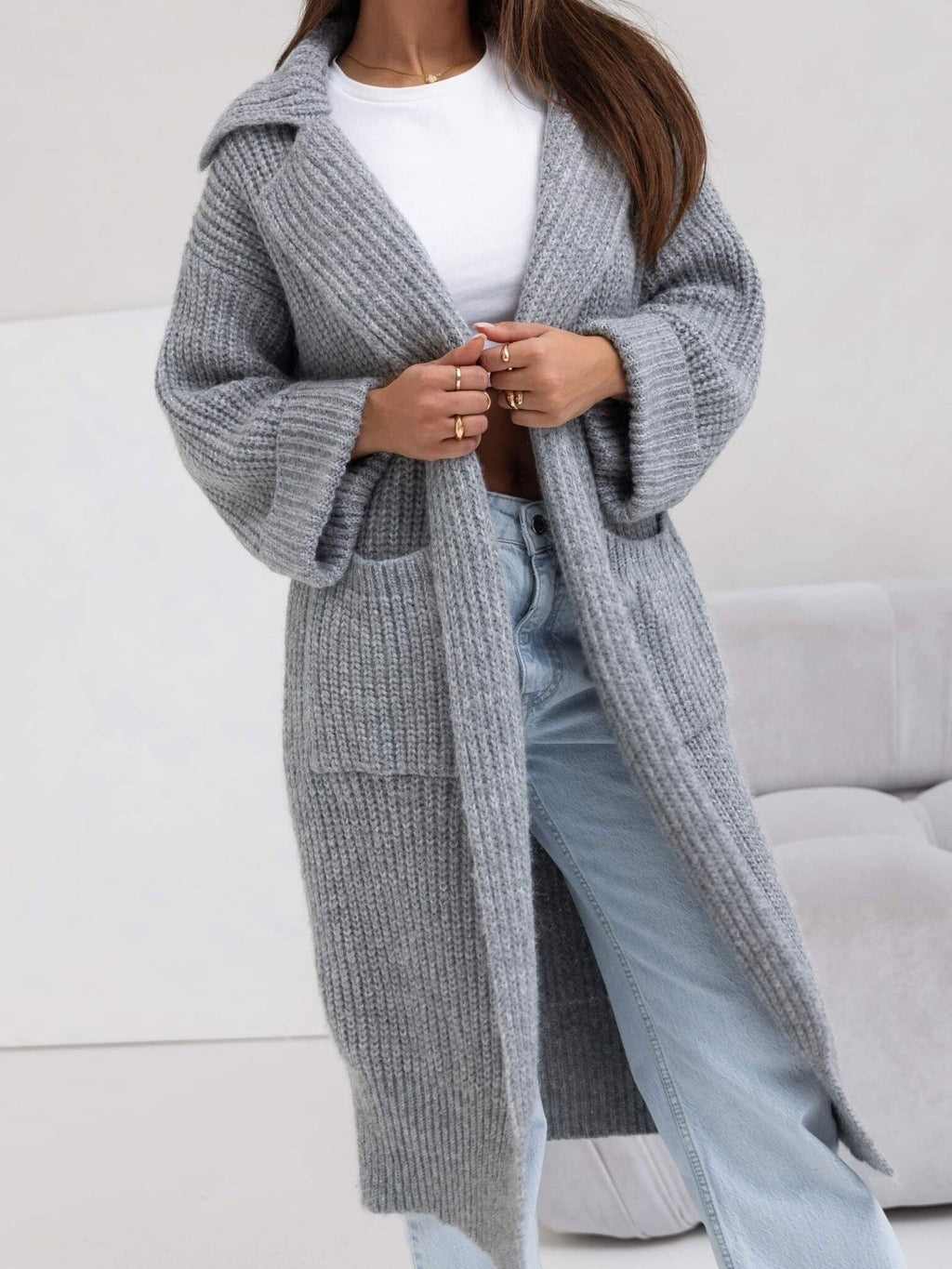 Damen Langer Strickmantel mit Kapuze und praktischen Taschen EB