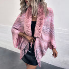 Damen eleganter Poncho mit luxuriösem Kunstfellkragen und fransigem Saum EB