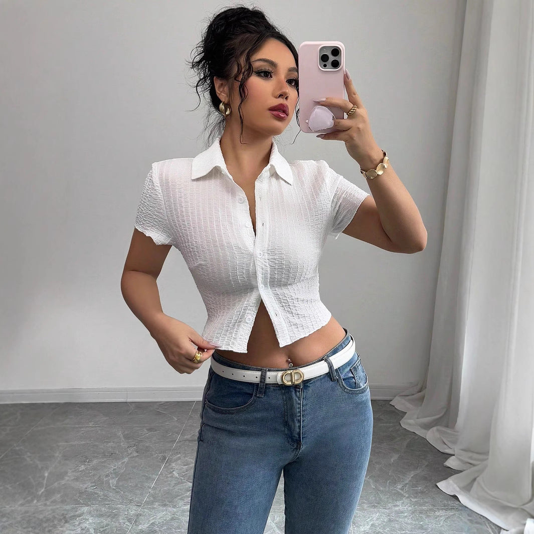 Damen Cropped Hemdbluse mit strukturiertem Material EB