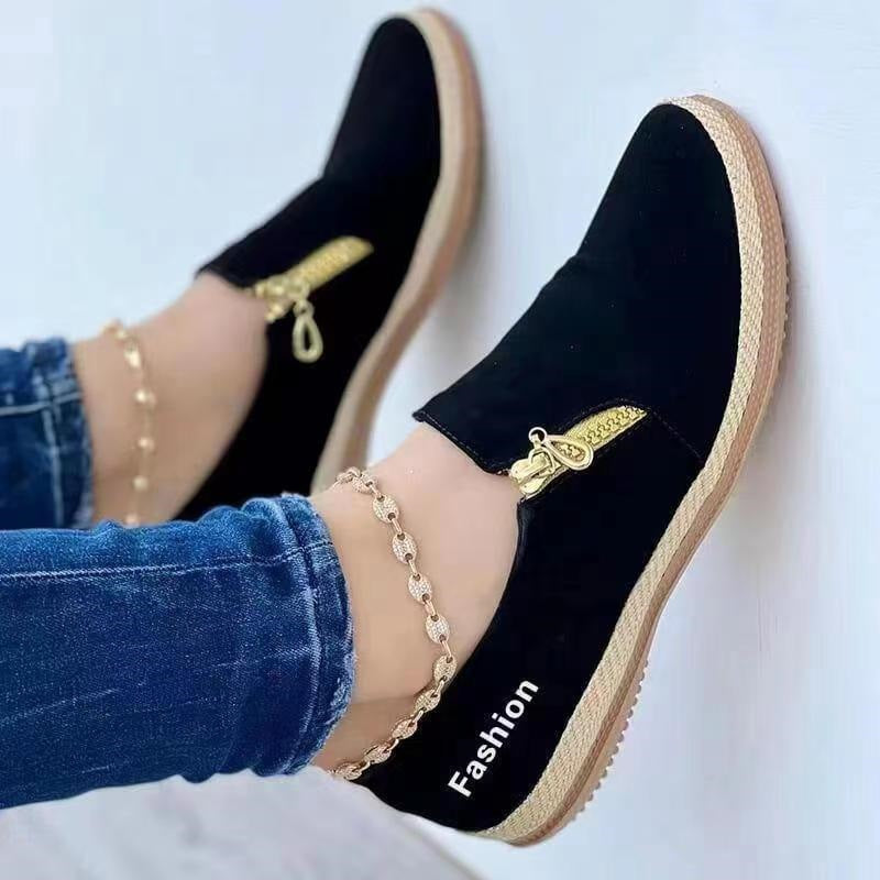 Damen Bequeme Slip-On Schuhe mit dekorativem Reißverschluss EB