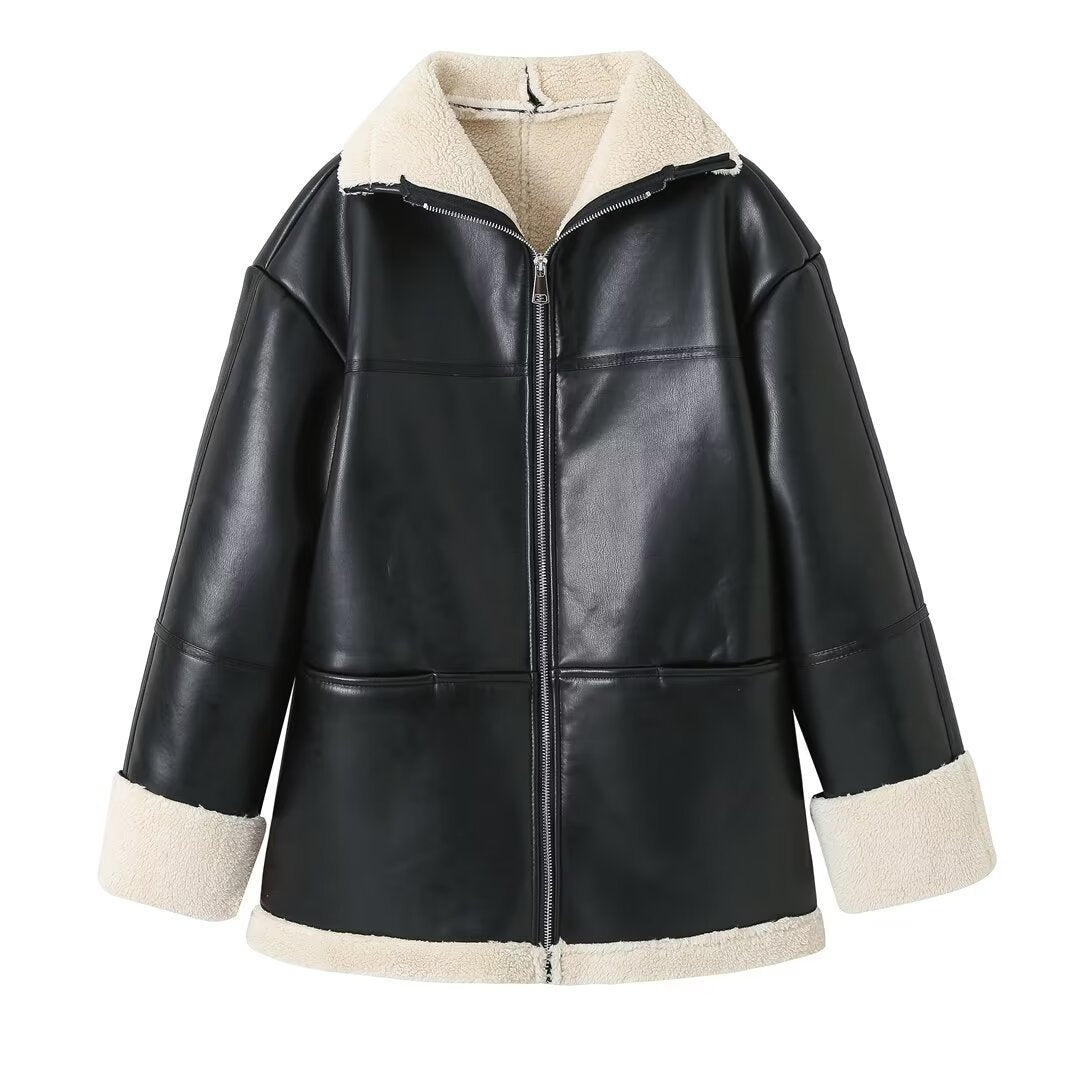 Damen gesteppte Kunstlederjacke mit warmem Innenfutter und elegantem Revers EB