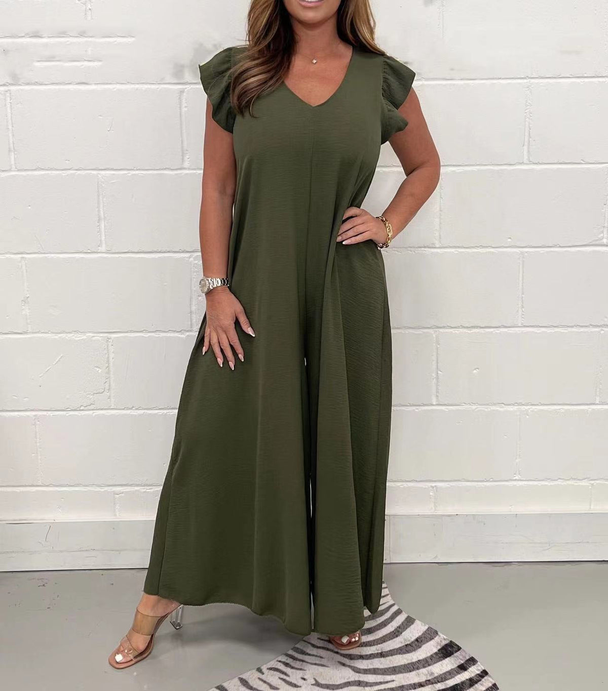 Damen legerer Jumpsuit mit fließendem Schnitt und V-Ausschnitt EB