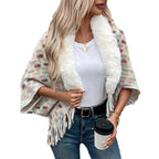 Damen eleganter Poncho mit luxuriösem Kunstfellkragen und Fransen EB
