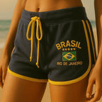 Damen-Sweatshorts mit Brasilien-Stickerei und Kordelzug
