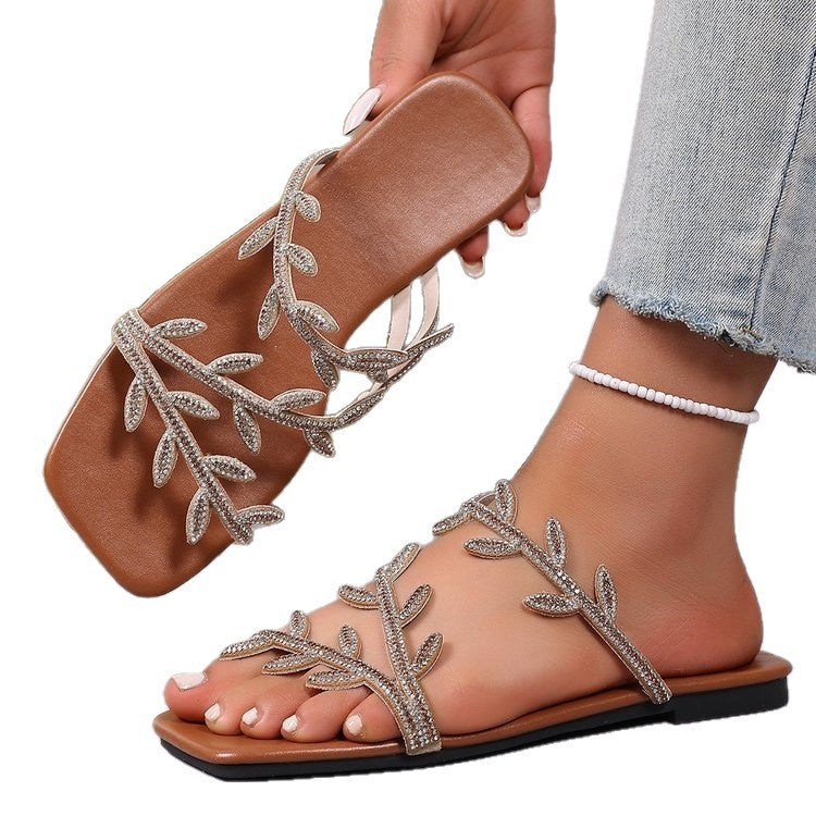 Damen dekorative Zehentrenner-Sandalen mit funkelndem Blattmuster EB