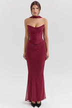 Damen Elegantes Couture-Maxikleid mit schulterfreiem Design und raffinierten Drapierungen EB