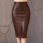 Damen Figurbetonter Kunstlederrock mit hoher Taille und Schlitz EB
