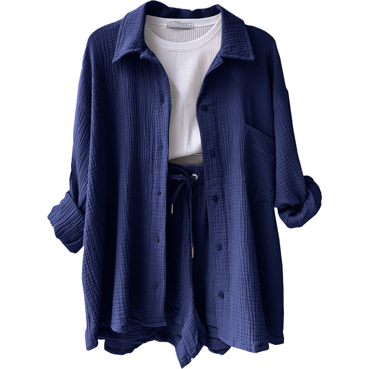 Damen lässiges Oversize-Hemd mit kurzem Schnitt und praktischen Taschen EB
