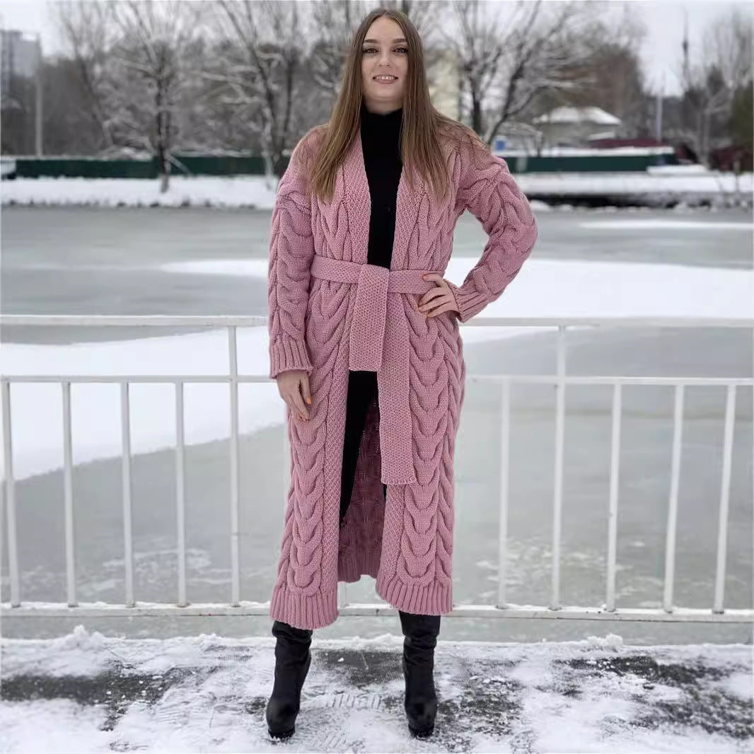 Damen Grobstrick-Mantel mit markantem Zopfdesign und offenem Schnitt EB