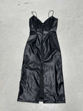 Damen elegantes bodenlanges Kleid aus glattem Kunstleder mit doppelten Trägern und hohem Schlitz EB