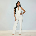 Damen Eleganter Jumpsuit mit tiefem V-Ausschnitt und fließendem Stoff EB