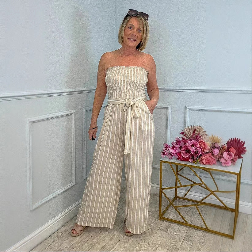 Damen Eleganter Jumpsuit mit gestreiftem Design und Gürtel EB