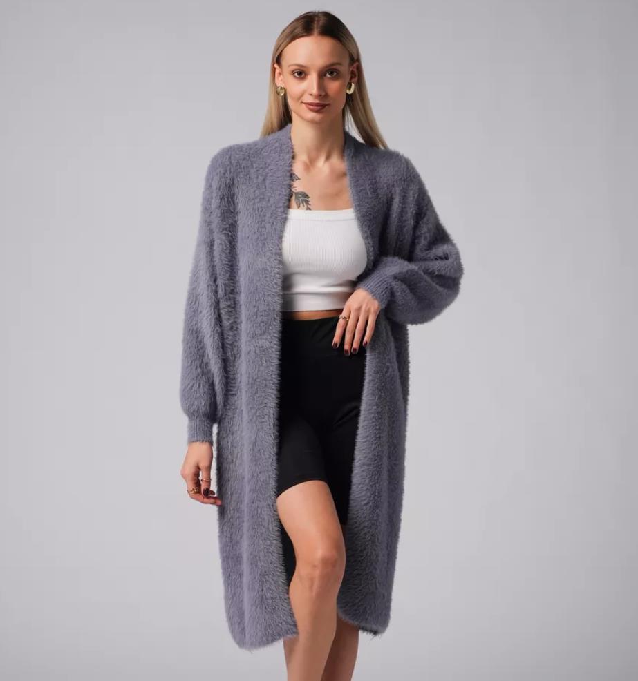 Damen Flauschiger Langstrickmantel mit seitlichem Schlitz und lockerer Passform EB