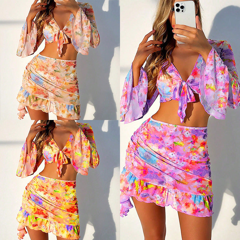 Damen Crop-Top und Wickelrock-Set mit floralen Details EB