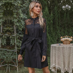 Damen Elegantes Hemdblusenkleid mit Spitzenärmeln und taillierbarem Gürtel EB