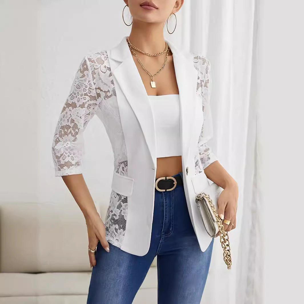 Damen Elegante Blazerjacke mit transparenter Spitzenverarbeitung EB