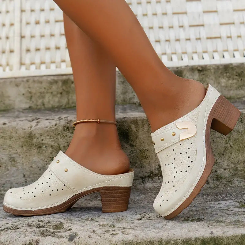 Damen elegante Clogs mit modischem Blumendesign und geschmackvoller Schnalle EB