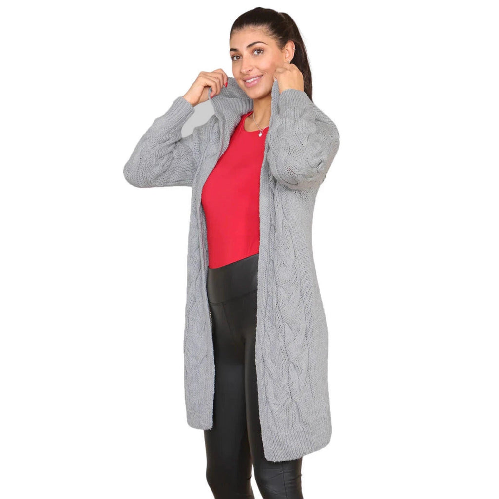 Damen Langer Strickmantel mit elegantem Zopfmuster und Kapuze EB
