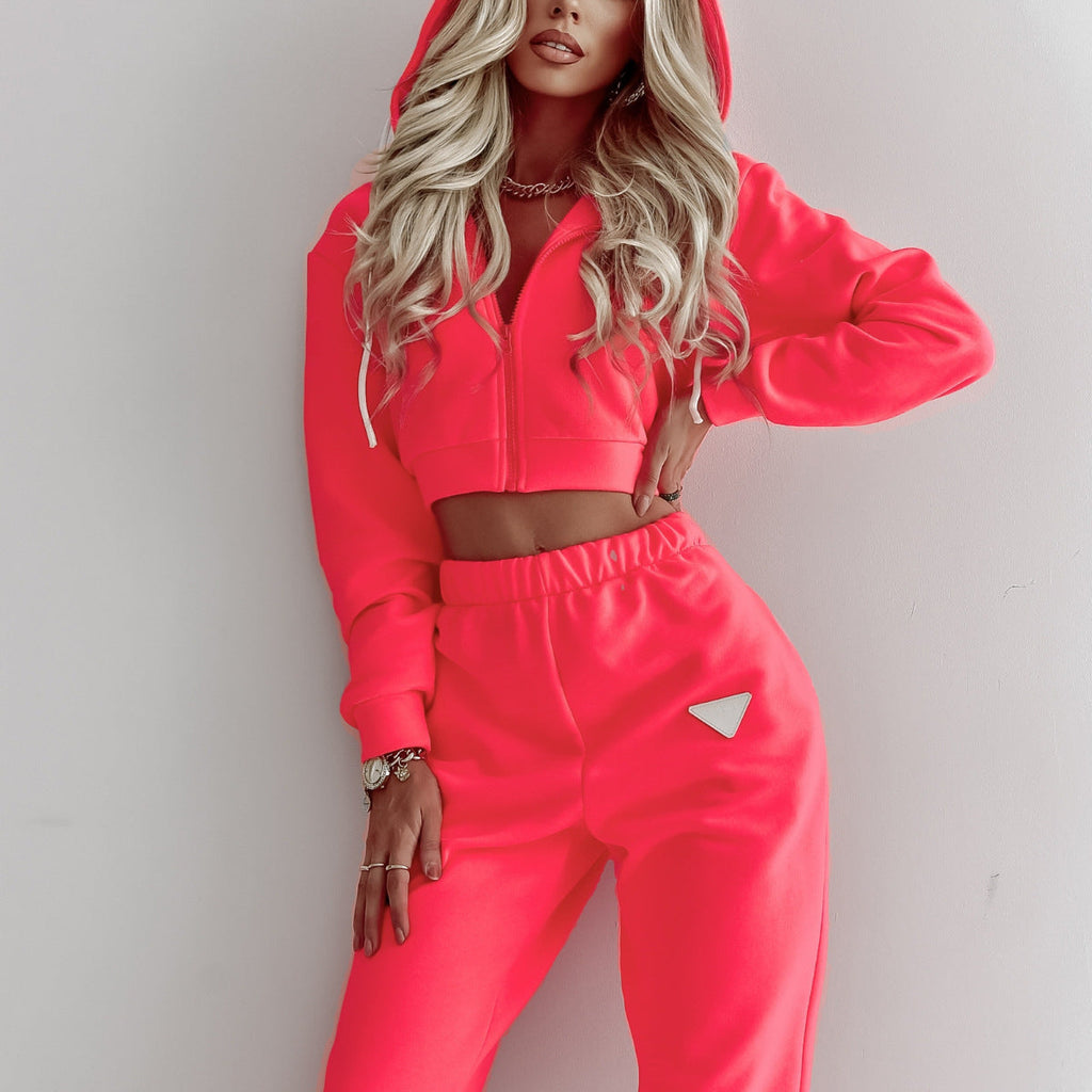 Damen nan Cropped Kapuzenjacke und High-Waist Jogginghose Set aus French Terry mit elastischem Bund EB